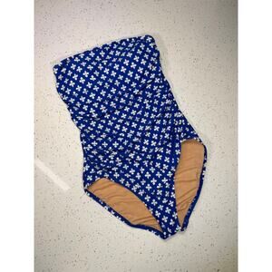 J.Crew Womens Strapless One Piece Swimsuit Blue White Print Ruched Size Small